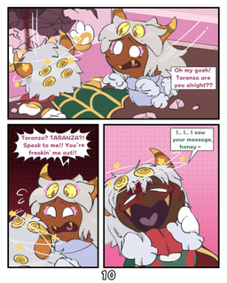 2_horns blood blood_on_face blush bodily_fluids cracked_wall dark_body dark_skin dialogue dizzy duo fangs female grey_hair hair head_wound horn male rubble seeing_stars speech_bubble star teeth text white_eyes worried yellow_eyes kittipaws kirby:_triple_deluxe kirby_(series) nintendo queen_sectonia_(original_form) taranza arachnid arthropod spider spidr 4:5 absurd_res comic english_text hi_res