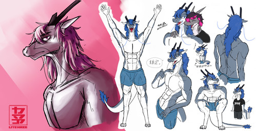 abs anthro blue_eyes blue_hair chibi duo female fin gills hair horn male muscular pink_eyes simple_background solo whiskers litehase mythology hase_(litehase) lite_(litehase) aquatic dragon eastern_dragon fish mythological_creature mythological_scalie scalie shark hi_res maleherm_(lore)