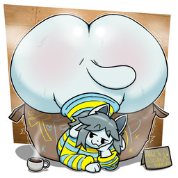 anthro ass_up big_butt bodily_fluids border box butt cardboard cardboard_box clothing container cup eyebrows grey_hair hair huge_butt hyper hyper_butt inside_box mug narrowed_eyes pattern_clothing pattern_sweater pattern_topwear raised_eyebrows solo steam striped_clothing striped_sweater striped_topwear stripes sweat sweater sweaty_butt tail text thick_thighs topwear white_body white_border white_tail randompersonguy undertale undertale_(series) temmie_(undertale) domestic_cat felid feline felis mammal tem 1:1 2025 digital_drawing_(artwork) digital_media_(artwork) english_text hi_res