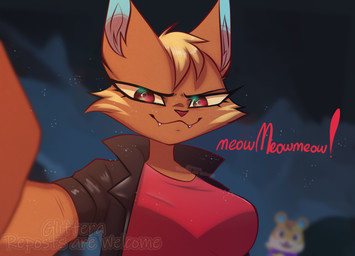 anthro black_clothing black_jacket black_topwear blonde_hair brown_body brown_fur clothing duo female fur hair hand_on_camera jacket looking_at_viewer night red_clothing red_eyes red_shirt red_topwear selfie shirt smile smiling_at_viewer standing text topwear glitter_galaxia animal_crossing nintendo katt_(animal_crossing) felid feline mammal colored hi_res