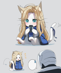 alternate_species anthro blonde_hair blue_clothing blue_eyes blush blush_lines bodily_fluids clothed clothed_anthro clothed_female clothed_male clothing cute_fangs duo eating fangs female fur furrification hair holding_object holding_weapon inner_ear_fluff looking_at_another machine male open_mouth open_smile pawpads paws pink_pawpads ribbons simple_background sitting smile spacesuit speech_bubble sweat sweatdrop tail teeth throwing_object tuft weapon whiskers white_body white_fur yellow_inner_ear_fluff young young_anthro young_female j_humbo capcom pragmata diana_(pragmata) hugh_williams_(pragmata) android domestic_cat felid feline felis human mammal robot 2026 absurd_res hi_res