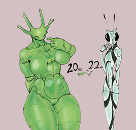 anthro big_breasts black_eyes breasts compound_eyes female green_body implied_transformation nude overweight overweight_female skinny skinny_female solo thick_thighs white_body sun_bug arthropod butterfly caterpillar insect larva lepidopteran hi_res