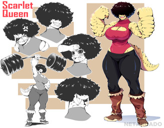 anthro barbell big_arms big_breasts big_ears black_hair blush blush_lines boots bottomwear breasts cleavage_cutout clothing cutout exercise fangs female flexing flexing_bicep flexing_both_biceps footwear hair hair_over_eyes leotard muscular muscular_anthro muscular_female non-mammal_breasts pants sabertooth_(anatomy) scales shoes smile solo tan_body tan_scales teeth weightlifting workout yoga_pants netardado ultraman_(series) red_king scarlet_queen_(netardado) kaiju reptile scalie absurd_res hi_res model_sheet