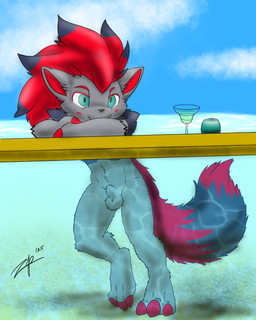 animal_genitalia anthro balls beverage black_highlights cloud cocktail_glass container crossed_arms cup drinking_glass fully_sheathed fur genitals glass glass_container glass_cup green_eyes grey_body grey_fur hair highlights_(coloring) long_ponytail male nude partially_submerged ponytail red_hair sheath smile solo swimming underwater water waterline_view zephyrpanthur nintendo pokemon generation_5_pokemon pokemon_(species) zoroark 4:5 hi_res