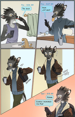 anthro backpack bathroom biped brown_eyes clothed clothed_anthro clothing coat container cup fur grey_body grey_fur head_tuft holding_container holding_cup holding_object kitchen_counter message_box pointy_ears prick_ears shirt snout solo sweater tail text text_message texting topwear tuft tusks undershirt yellow_sclera falco_works pen_(falco_works) cervine deer mammal tufted_deer 2024 comic digital_media_(artwork) english_text hi_res multiple_scenes