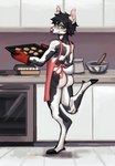 anthro apron apron_only baking black_body black_fur black_hair black_hooves butt clothing cookie cooking detailed_background ear_piercing femboy food freckles fur green_eyes hair handwear hooves kitchen kitchen_utensils male mostly_nude mottled mottled_body mottled_fur one_leg_up oven_mitts piercing pink_nose raised_leg rear_view smile solo thick_thighs tools white_body white_fur wide_hips mabiwabi sue_lee deer mammal hi_res