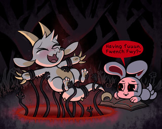 2_horns 3_toes anthro asking asking_another blush bodily_fluids book crying_laughing dialogue duo_focus eyes_closed feet fur group horn laugh looking_at_another lying motion_lines on_front open_mouth open_smile red_inner_ear red_speech_bubble restrained scales scut_tail short_tail smile speech_bubble tail talking_to_another tears text tickle_fetish tickle_torture tickling tickling_armpits tickling_belly tickling_feet toes white_body white_fur white_scales raspberry-joe chikn_nuggit mythology fwench_fwy_(chikn_nuggit) iscream_(chikn_nuggit) demon dragon lagomorph leporid mammal mythological_creature mythological_scalie rabbit scalie 2025 digital_media_(artwork) english_text nonbinary_(lore)