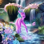 anthro bikini breasts clothing female flower lake landscape mountain plant side-tie_bikini side-tie_clothing side-tie_swimwear solo string_bikini swimwear two-piece_swimsuit waterfall alltera canid canine canis fox hybrid mammal wolf 1:1 hi_res