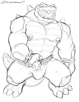 abs anthro barazoku bodily_fluids bottomwear bulge clothed clothing detailed_bulge drooling front_view genital_outline looking_at_viewer male muscular muscular_anthro muscular_male nipple_piercing nipples open_mouth pecs penis_outline piercing pupils saliva simple_background slit_pupils solo topless crazydrak heroes_of_goo_jit_zu rockjaw crocodile crocodilian reptile scalie 2024 dated full-length_portrait hi_res monochrome portrait signature