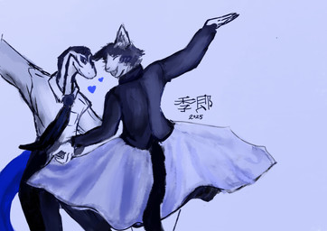 anthro black_body black_fur black_tail blue_tail bottomwear clothing collared_shirt dancing dress_shirt duo fur heart_reaction heart_symbol long_sleeve_dress long_sleeve_shirt male male/male necktie shirt simple_background skirt slacks smile smiling_at_another smiling_at_partner spinning tail topwear kirou monotone_blue aoi_(mucknagabe) hachi_(mucknagabe) blue-tailed_skink domestic_cat felid feline felis lizard mammal reptile scalie skink tuxedo_cat 2025 absurd_res black_and_blue digital_media_(artwork) hi_res monochrome