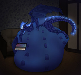 abdominal_bulge ambiguous_gender ambiguous_pred ambiguous_prey anthro blue_body blue_scales casual_vore claws computer detailed_background duo electronics featureless_crotch fin fire floor frill_(anatomy) fully_inside furniture gaming hand_on_belly holding_object horizontal_pupils horn inside laptop larger_ambiguous looking_at_object looking_away lying membrane_(anatomy) membranous_frill membranous_wings nude on_front open_mouth open_smile orange_sclera playing_video_game pupils scales size_difference smaller_ambiguous smile sofa soft_vore solo_focus tail tail_fin teeth thick_thighs tongue vore wings theember mythology dragon mythological_creature mythological_scalie scalie colored digital_media_(artwork) hi_res shaded