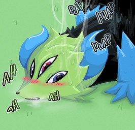 3_eyes ambiguous_gender black_body black_fur black_nose blue_horn blue_paws blush blush_lines bodily_fluids duo feral fluffy fur gesture green_body green_fur green_head horn male male/male multi_eye nervous onomatopoeia open_mouth plant purple_eyes red_eyes saliva saliva_string simple_background small_nose sound_effects suggestive suggestive_gesture sweat text toony yamuito yamuito_(oc) overdragon hi_res