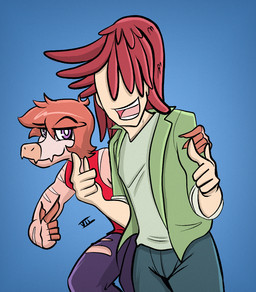5_fingers anthro blue_background bottomwear clothed clothing crouching duo faceless_character faceless_human faceless_male fangs feathers finger_gun fingers gesture hair hand_gesture long_tail looking_at_viewer male open_clothing open_mouth open_shirt open_smile open_topwear pants pink_body pink_hair pointing pointing_at_viewer purple_eyes red_body red_feathers rolled_up_sleeves shirt simple_background smile standing striped_body stripes tail tail_feathers tail_tuft tank_top teeth topwear torn_bottomwear torn_clothing torn_pants tuft seven_(artist) cavemanon_studios goodbye_volcano_high snoot_game anon_(snoot_game) reed_(gvh) dinosaur dromaeosaurid human mammal prehistoric_species reptile scalie theropod velociraptor