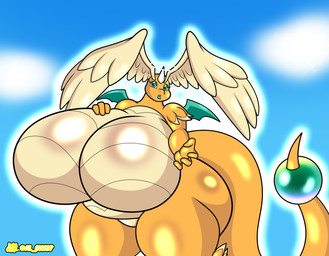 anthro big_breasts bimbofication bimbofied breasts female horn huge_breasts hyper hyper_breasts lips looking_at_viewer multicolored_body scales sky solo tail thick_lips thick_thighs two_tone_body ventral_scales wide_hips wings al_gx mythology nintendo pokemon pokemon_legends_z-a dragon generation_9_pokemon mega_dragonite mega_evolution mythological_creature mythological_scalie pokemon_(species) scalie hi_res