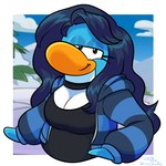 anthro blue_hair breasts choker cleavage clothed clothing female hair jewelry necklace solo style_emulation paeonypetals club_penguin doodle_(paeonypetals) avian bird penguin 1:1 2023 hi_res