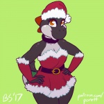 anthro belt breasts clothing collar costume dress female hat headgear headwear non-mammal_breasts ribbons santa_costume simple_background solo fluffygirlfriend mario_bros nintendo fan_character rayoshi black_yoshi dinosaur prehistoric_species reptile scalie yoshi 1:1