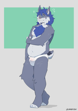 anthro belly blue_claws blue_hair blush blush_lines body_hair briefs briefs_only bulge chest_hair claws clothed clothing fur green_eyes grey_body grey_fur hair holding_arm inner_ear_fluff male male_anthro moobs nerd nipples overweight overweight_anthro overweight_male shy solo tail text tighty_whities topless tuft underwear underwear_only whiskers white_briefs white_clothing white_underwear bluechubbywolf maxwell_(maxwelllynx) felid feline lynx mammal absurd_res english_text hi_res