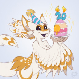 anthro birthday_cake black_sclera cake cake_slice claws clothing dessert feather_hair feathers food fur happy hat headgear headwear male markings multi_ear open_mouth open_smile orange_markings party_hat pseudo_hair red_eyes smile solo tan_body tan_fur winged_arms wings mimi-fox avali 1:1 2024 colored colored_sketch digital_drawing_(artwork) digital_media_(artwork) flat_colors hi_res sketch