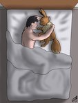 2022 3:4 bed bed_sheet bedding bestiality cuddling detailed_background duo eevee female female_on_human feral furniture generation_1_pokemon hi_res hug human human_on_feral inside interspecies lying male male/female male_on_feral mammal nintendo nonny18675309 on_bed on_side pokemon pokemon_(species) signature sleeping