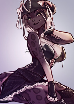 anthro black_clothing black_corset black_hat black_headwear bottomwear bow_ribbon breasts cleavage clothed clothing corset female fingerless_gloves garter_straps gloves green_eyes hair handwear hat hat_bow headgear headwear laced_corset legwear lingerie markings skirt smile spots spotted_markings thigh_highs topwear white_hair furlana character_(moonclaw) felid leopard mammal pantherine 2022 digital_media_(artwork) hi_res