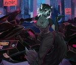 anthro black_body black_fur black_hair bottomwear breasts city city_background claws cleavage clothed clothing cyberpunk detailed_background female fluffy fluffy_tail fur grey_body grey_eyes grey_fur hair inner_ear_fluff looking_at_viewer motorcycle multicolored_body multicolored_fur pants pupils purple_sclera science_fiction shirt short_hair slit_pupils snout solo tail tank_top topwear tuft vehicle white_claws white_hair uruze akira_(film) mythology amanda_whitaker canid canid_demon canine canis demon hellhound mammal mythological_canine mythological_creature wolf absurd_res hi_res