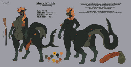animal_genitalia animal_penis anthro balls big_balls big_breasts big_butt big_penis breasts butt equine_genitalia equine_penis genitals gun gynomorph intersex penis ranged_weapon scar shotgun solo text weapon yaramoshi_satoshi meza_kurbis_(yaramoshi_satoshi) aquatic fish fish_taur shark shark_taur taur absurd_res english_text hi_res model_sheet