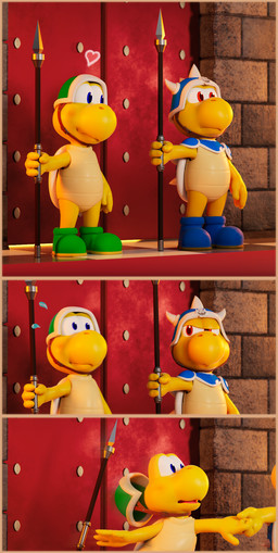 armor blue_eyes duo guard hand_holding headgear helmet male melee_weapon polearm red_eyes spear weapon cinnamoncookies illumination_entertainment mario_bros nintendo the_super_mario_bros_movie universal_studios koopa_general_(tsmbm) koopa koopa_paratroopa koopa_troopa reptile scalie turtle 3d_(artwork) comic digital_media_(artwork) hi_res