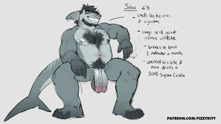 2_penises anthro balls beard black_beard black_body_hair black_facial_hair black_hair body_hair chest_hair cigarette erection facial_hair facial_piercing fin fin_piercing furgonomics furry-specific_piercing genitals gills goatee grey_body grey_penis grey_scales hair hairy_balls holding_cigarette holding_object looking_at_viewer lounging male multi_genitalia multi_penis nipple_piercing nipples nose_piercing penis piercing pink_penis_tip pubes scales shark_tail simple_background sitting smile smoking smoking_cigarette solo fizzykity silus_(fizzykity) fish marine shark hi_res model_sheet