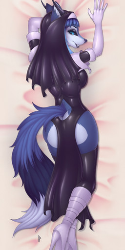 anthro black_sclera boots butt clothing dakimakura female footwear gloves handwear high_heeled_boots high_heels horn latex latex_clothing latex_gloves latex_handwear latex_legwear latex_stockings legwear nun nun_outfit rear_view shoes solo stockings hermitpioneer canid canine fox mammal succubus absurd_res dakimakura_design hi_res