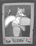 anthro bulge butt clothing eye_patch eyewear humanoid_penis_outline jockstrap low-angle_view male perineum polaroid_photo presenting solo tail text underwear syforg a_fox_in_space nintendo star_fox wolf_o'donnell canid canine canis mammal wolf absurd_res english_text hi_res monochrome