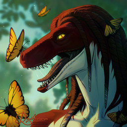 ambiguous_gender anthro anthro_focus bodily_fluids dreadlocks feral gradient_hair group hair open_mouth pupils red_body saliva saliva_on_tongue slit_pupils solo_focus teeth tongue white_body yellow_eyes road~abelgeym arthropod butterfly dinosaur insect lepidopteran prehistoric_species reptile saurischian scalie theropod 1:1 bust_portrait hi_res icon portrait female_(lore)