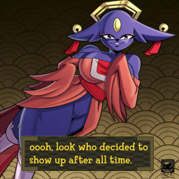 anthro big_breasts blush blush_lines bottomless breasts clothed clothing cybernetic_leg cybernetic_limb dialogue ear_piercing eyelashes eyeshadow feathered_wings feathers featureless_crotch female floppy_ears forehead_gem fur gem grey_eyes halo huge_breasts logo long_ears long_sleeves looking_at_viewer lop_ears makeup pattern_background piercing pink_clothing pink_eyeshadow pink_topwear prosthetic prosthetic_leg prosthetic_limb purple_body purple_fur red_body red_feathers simple_background smile smiling_at_viewer solo talking_to_viewer teeth_showing text text_box thick_thighs topwear wide_hips wings yellow_gem rodolfoslime nine_sols red_candle_games goumang_(nine_sols) felid feline mammal solarian 1:1 2024 artist_logo english_text hi_res