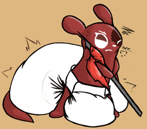 ambiguous_gender anthro big_diaper blush blush_lines bodily_fluids breath brown_background clean_diaper clothed clothing diaper ellipsis emanata featureless_feet featureless_hands feet frown frustrated frustration_cloud holding_melee_weapon holding_object holding_polearm holding_spear holding_weapon huge_diaper melee_weapon one_eye_closed polearm red_body red_ears red_eyelids red_tail simple_background snaggle_tooth solo spear standing sweat tail three-quarter_view vowelless vowelless_vocalization weapon wearing_diaper white_nose onesydoo_(artist) rain_world videocult artificer_(rain_world) slugcat 2026 full-length_portrait hi_res portrait