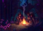 campfire camping clothed clothing flower forest landscape pink_flower plant scarf topless tree sony-shock their_name_(series) etreyio korah_delfiros snow_taradien animal_humanoid canid canid_humanoid canine canine_humanoid fox_humanoid humanoid jackalope_humanoid lagomorph lagomorph_humanoid leporid_humanoid mammal mammal_humanoid rabbit_humanoid absurd_res hi_res