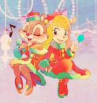 anthro blonde_hair blue_eyes clothed clothing dress duo eyelashes female female/female fingers footwear fur hair hand_holding hat headgear headwear long_hair looking_at_viewer open_mouth open_smile red_clothing red_dress singing smile tan_body tan_fur chip_'n_dale chip_'n_dale_rescue_rangers disney clarice_(disney) gadget_hackwrench chipmunk ground_squirrel mammal rodent sciurid