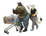 anthro belly belt bottomwear brown_body brown_fur cellphone clothed clothing denim denim_bottomwear denim_clothing dialogue duo electronics female food footwear fully_clothed fur groceries holding_food holding_object holding_phone jeans overweight overweight_anthro overweight_female pants phone shirt shoes shopping shopping_cart simple_background size_difference slightly_chubby slightly_chubby_anthro slightly_chubby_female smartphone tail topwear torn_bottomwear torn_clothing torn_jeans torn_pants walking white_background white_body white_fur cettus hilde_albrecht maren_sommer gulonine mammal mustelid musteline stoat true_musteline weasel wolverine 2024 hi_res