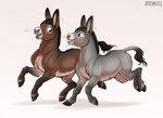 ambiguous_gender black_hair black_mane brown_eyes brown_hair brown_mane feathering feral fur hair happy hooves long_ears looking_at_another mane multicolored_body open_mouth running smile solo teeth text two_tone_body jenery asinus donkey equid equine mammal 2025 artist_name english_text hi_res watermark
