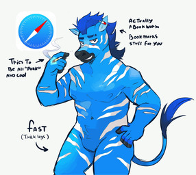anthro biped blue_body blue_eyes blue_fur blue_hair cigarette featureless_crotch fur hair male muscular muscular_anthro muscular_male nipples smile smoking solo standing stripes text white_stripes thesketchfox safari_(browser) equid equine mammal zebra 2021 digital_media_(artwork) english_text hi_res