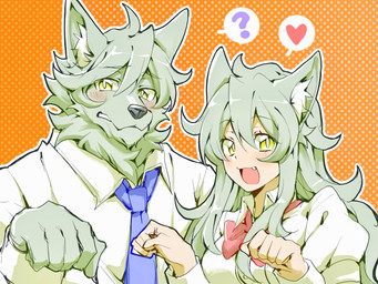 5_fingers accessory anthro biped blush blush_lines clothing dotted_background duo fangs female fingers hair heart_symbol jacket long_hair looking_at_viewer male necktie open_mouth open_smile pattern_background question_mark simple_background smile smiling_at_viewer teeth topwear white_clothing white_jacket white_topwear wolf_ears yellow_eyes superstaryoshi6 animal_humanoid canid canid_humanoid canine canine_humanoid canis humanoid mammal mammal_humanoid wolf wolf_humanoid 2025 4:3 colored colored_sketch digital_media_(artwork) flat_colors hi_res procreate_(artwork) sketch