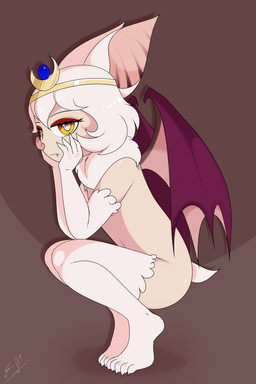 5_toes amber_eyes anthro bored clothing crown dark_wings ears_pinned elbows_on_knees eyeliner fangs feet female fur hair hand_on_face head_dress headgear headgear_only headwear headwear_only leaf_nose looking_at_viewer makeup medium_hair membrane_(anatomy) membranous_wings mostly_nude pose red_eyeliner short_tail solo squating starry_eyes tail teeth tiara toes unimpressed white_body white_fur white_hair white_skin wings young young_anthro young_female e-01 kuyo_(kazukio) bat mammal absurd_res full-length_portrait hi_res pinup portrait
