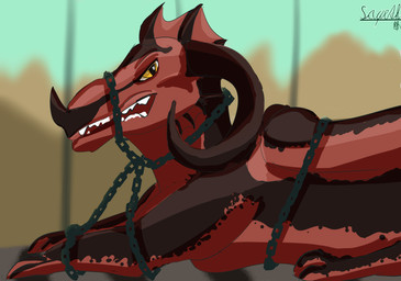ambiguous_gender arms_tied bared_teeth bdsm black_body bondage bound chain chained curved_horn facial_horn feral horn imprisoned looking_at_viewer male male/ambiguous membrane_(anatomy) membranous_wings nose_horn quadruped red_body simple_background wings wings_tied yellow_eyes sayeth european_mythology mythology charhorn dragon mythological_creature mythological_scalie scalie western_dragon
