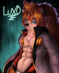 accessory anthro belt belt_buckle bottomwear buckle chest_tuft clothed clothing fluffy fur fur_markings hair hair_accessory hair_tie jacket long_hair looking_at_viewer male markings muscular neck_tuft pants partially_clothed presenting serious shirtless solo topwear tuft iaian_luxo_fox luxo_(iaian_luxo_fox) canid canine fox mammal hi_res