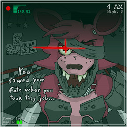 anthro armor camera eye_patch eyewear looking_at_viewer machine male solo text unknown_artist five_nights_at_freddy's konami metal_gear metal_gear_rising:_revengeance platinumgames scottgames foxy_(fnaf) raiden_(metal_gear) animatronic canid canine fox mammal robot 1:1 english_text