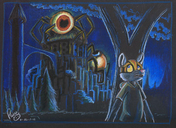anthro armor building clothed clothing front_view fur grey_body grey_fur headgear helmet logo male male_anthro night open_mouth outside pink_nose plant solo standing tree whiskers young young_anthro young_male pandapaco mammal mouse murid murine rodent 2012 artist_logo dated signature