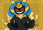 anthro areola big_breasts black_areola black_nipples blue_body breasts clothing detailed_background egyptian egyptian_clothing female fusion glistening glistening_body glistening_breasts holding_breast light mummy_wrappings nipples pokemon_fusion presenting red_eyes smile solo thick_thighs yellow_body pokesiimii fakemon nintendo pokemon cofagrigus generation_3_pokemon generation_5_pokemon hybrid medicham mummy pokemon_(species) undead ruined_clothing 2022 detailed digital_media_(artwork) half-length_portrait lighting portrait