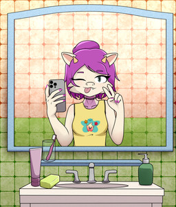 adolescent anthro bathroom cellphone choker clothed clothed_female clothing electronics female gesture hair hand_gesture horn jewelry looking_at_viewer mirror mirror_reflection mirror_selfie necklace one_eye_closed one_fang phone purple_hair recording reflection selfie short_hair solo taking_picture tongue tongue_out v_sign wink winking_at_viewer young celestebunny mario_bros nintendo super_mario_galaxy tyna_the_kobold hungry_luma kobold luma scalie absurd_res hi_res