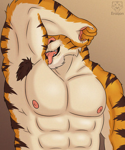 abs anthro areola arm_lick armpit_hair beard biceps body_hair facial_hair fangs forearm_muscles fur goatee grin licking male markings muscular muscular_anthro muscular_male nipples orange_body orange_fur pecs shoulder_lick simple_background smile snout solo stocky striped_body striped_fur striped_markings stripes teeth tongue tongue_out trapezius triceps tuft white_body white_fur eraqon vlatt23_pose nick_(eraqon) felid mammal pantherine tiger 5:6 hi_res