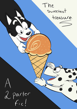 anthro dessert duo female food ice_cream male markings pattern_background simple_background smile spots spotted_markings young beargarbage bluey_(series) chloe_(bluey) mackenzie_(bluey) border_collie canid canine canis collie dalmatian domestic_dog herding_dog mammal pastoral_dog sheepdog