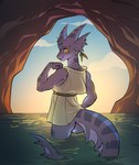 ambiguous_gender anthro blue_body blue_scales butt clothed clothing jewelry partially_clothed partially_exposed partially_submerged rear_view scales solo standing_in_water water glacierclear azzy_(skybluescales) amphibian aquatic_kobold kobold marine reptile scalie 2023 absurd_res hi_res