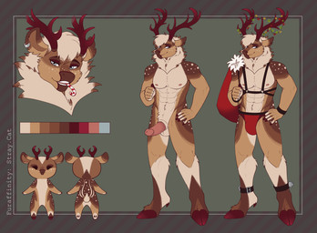 abs balls candy candy_cane chibi clothing cloven_hooves color_swatch countershade_torso countershading dessert ear_piercing ear_ring erection food fur genitals harness hooves horn male muscular muscular_male navel pecs penis piercing ring_piercing solo standing tan_body tan_fur underwear straycat deer mammal new_world_deer reindeer absurd_res hi_res model_sheet